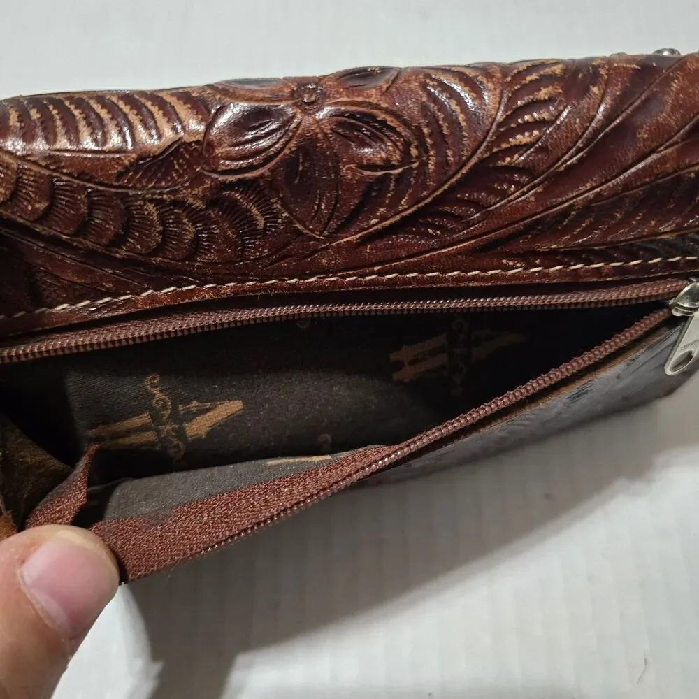 American West Tooled Leather Wallet Bi-Fold Brown Floral Studded Western Cowgirl